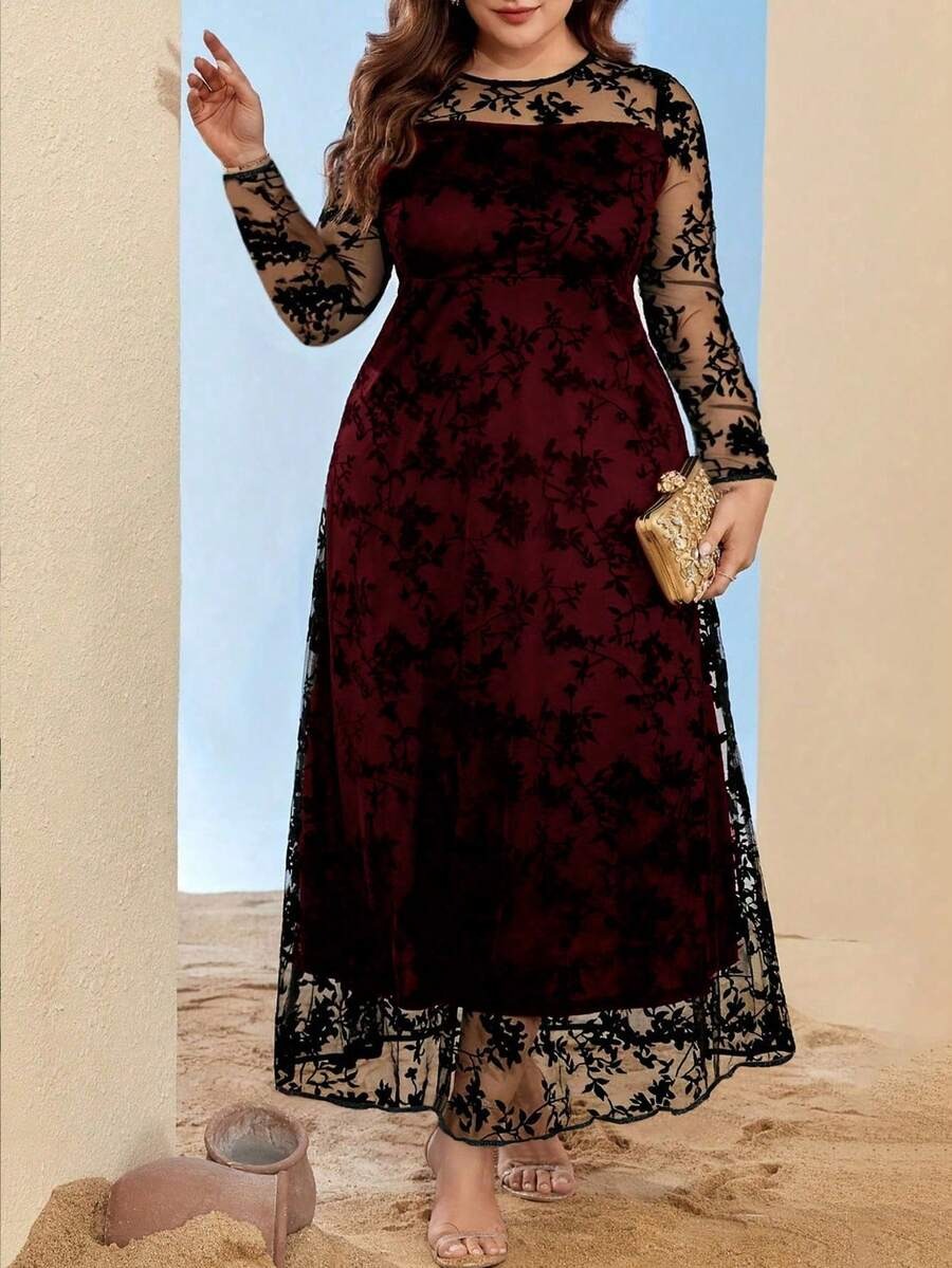 SHEIN  YI XUAN WOMENS فستان عنابي طويل أنيق بياقة دائرية