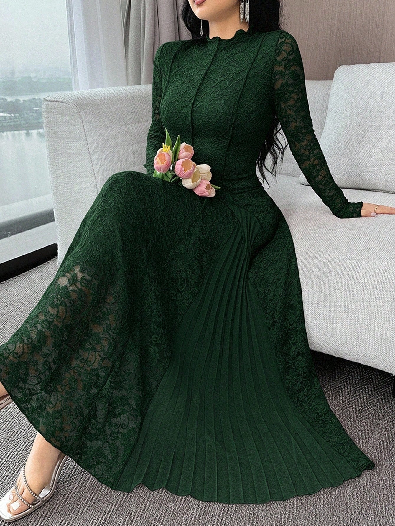 SHEIN Feyla فستان أنيق بلون أحادي دانتيل