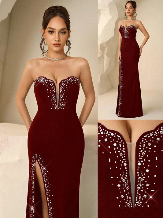 SHEIN Coutiva فستان سهرة أنيق بدون أكتاف بشق جانبي وزينة راين