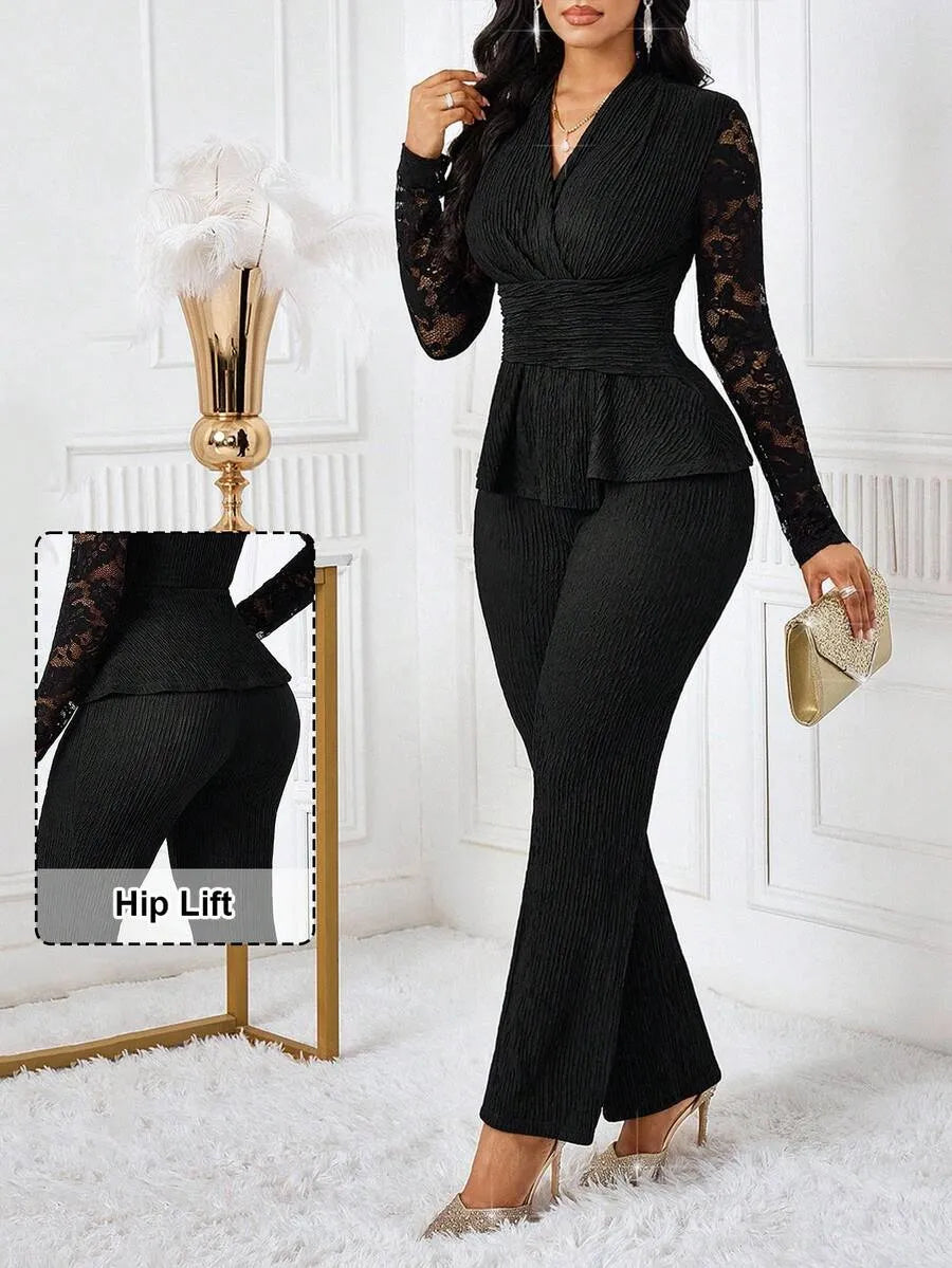 SHEIN Lady طقم نسائي قطعتين بلوزة بياقة ودانتيل وبنطال واسع بلون الأسود