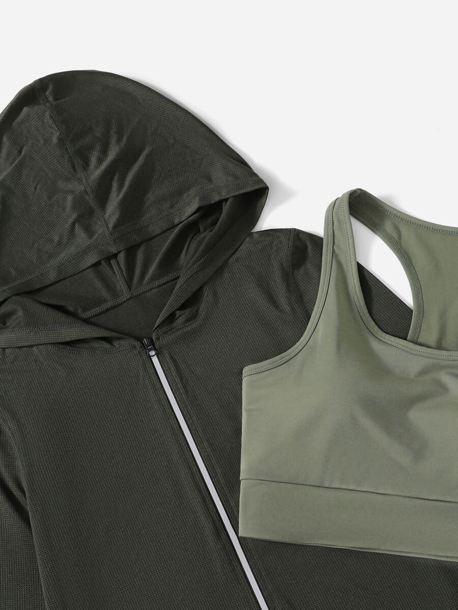 SHEIN طقم رياضي نسائي 3 قطع – أخضر عسكري