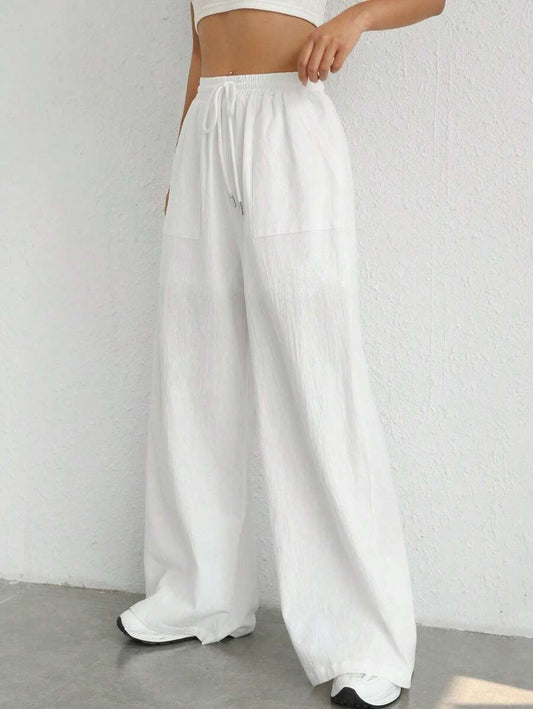SHEIN SHEIN EZwear بنطال أبيض واسع بخصر رباط
