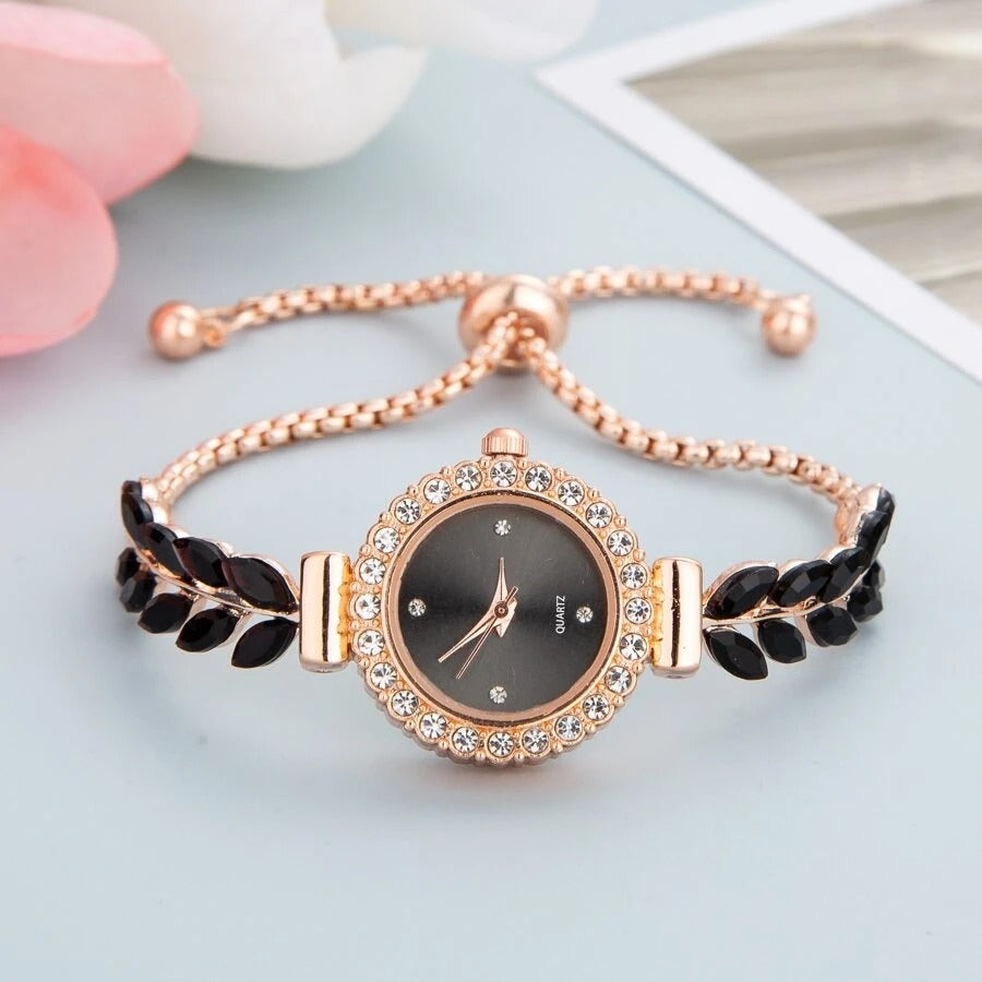 SHEIN ساعة نسائية كوارتز صغيرة مزينة بالبلورات وسوار ورقة وريش