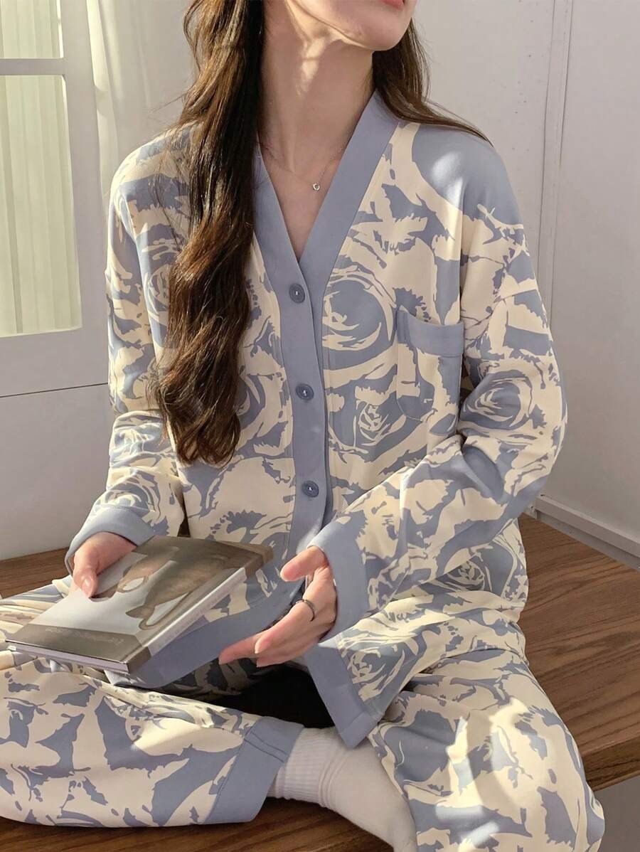 SHEIN طقم بيجامة بياقة بلون أزرق
