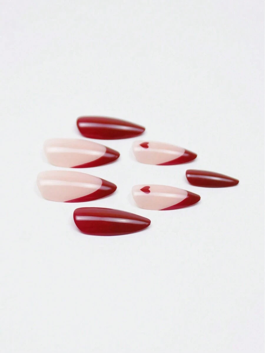 SHEIN طقم أظافر صناعية 24 قطعة لوزي أحمر قلوب مع غراء وجل