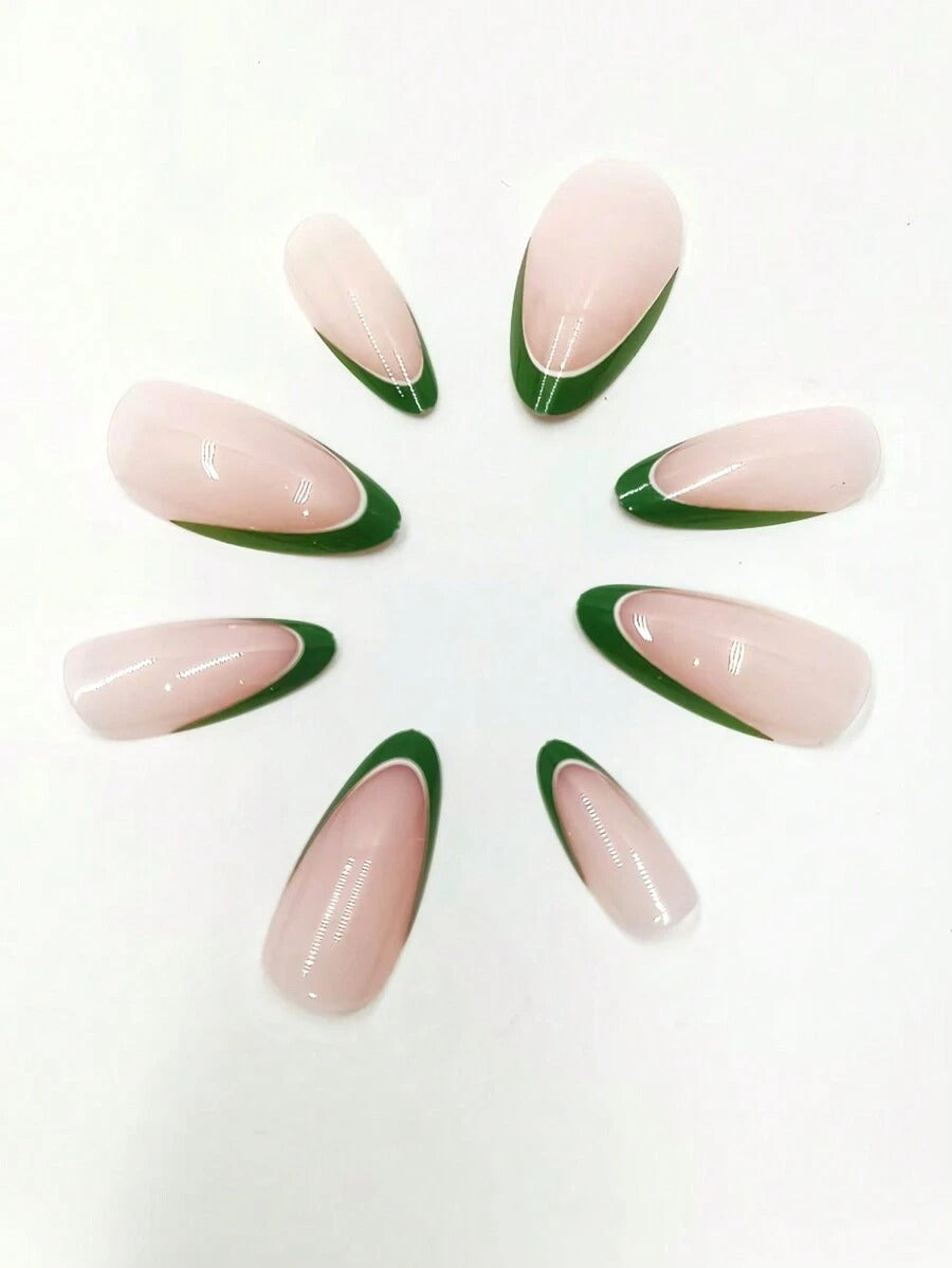 SHEIN طقم أظافر صناعية 24 قطعة لوزي أخضر وردي مع جل ومبرد