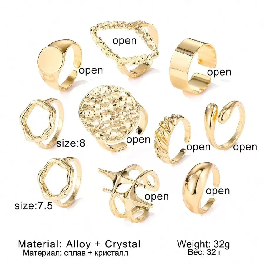 SHEIN طقم خواتم ذهبية معدنية هندسية – 10 قطع