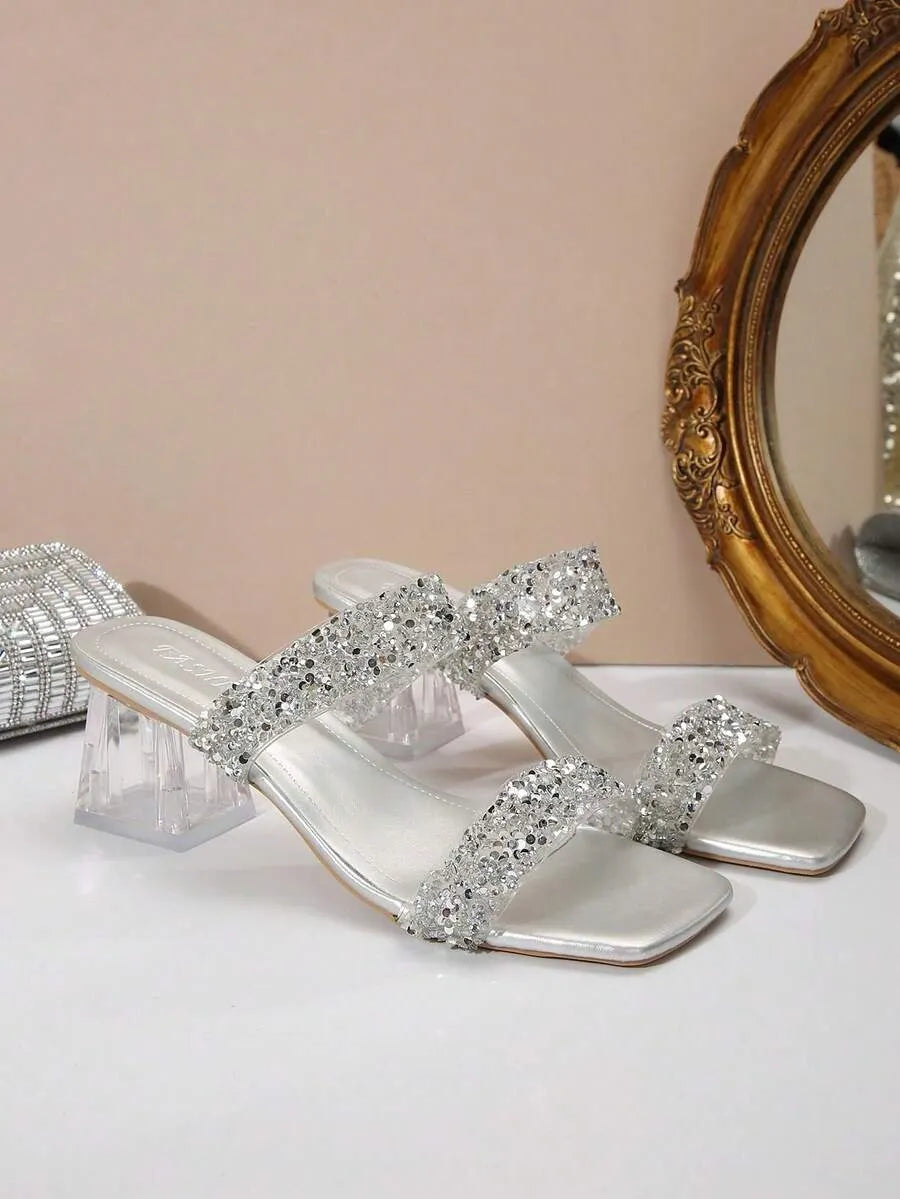 SHEIN صنادل نسائية بكعب سميك عالي وأصابع مربعة مفتوحة