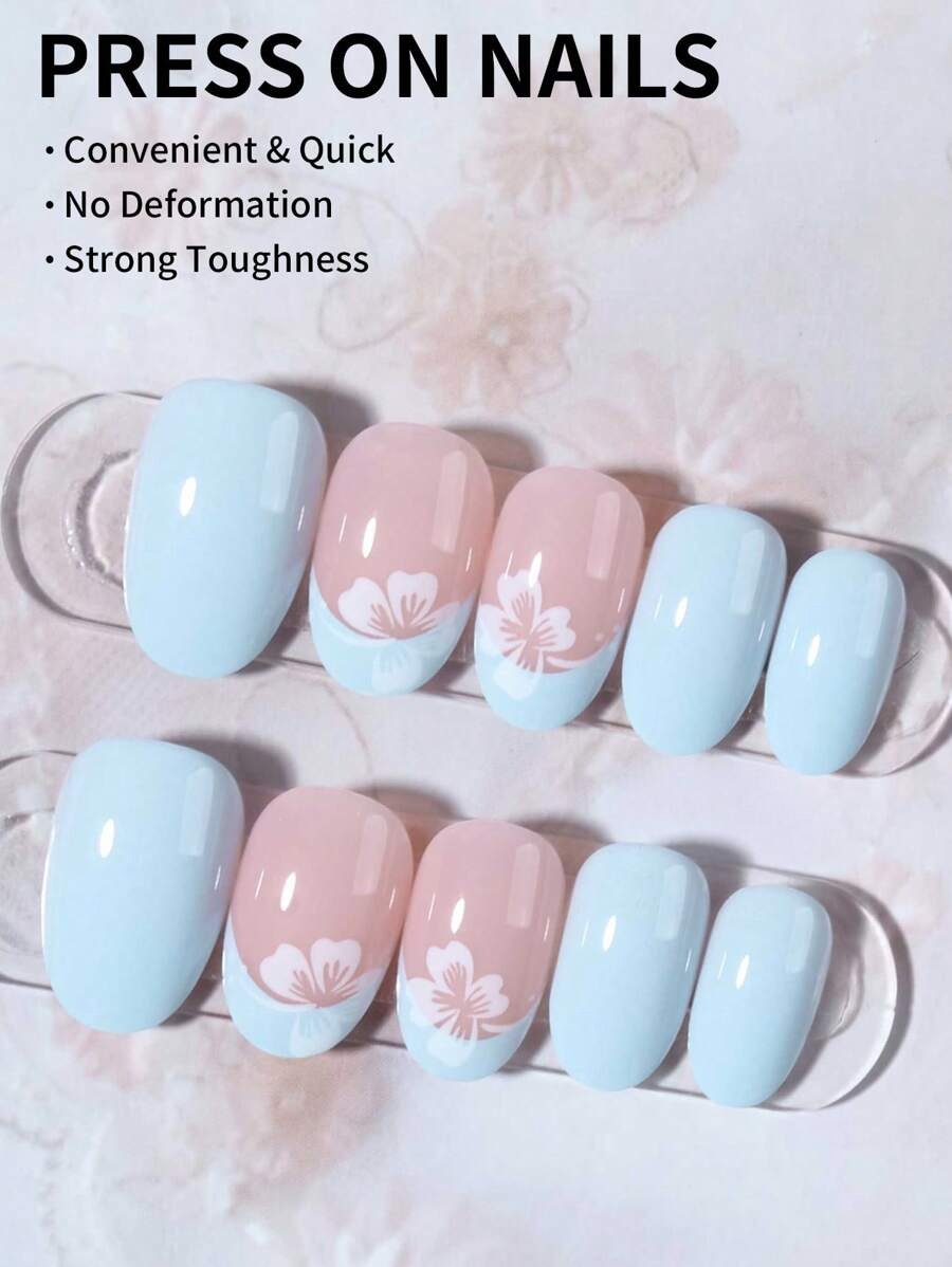SHEIN مجموعة أظافر بيضاوية قصيرة – 24 قطعة مزينة بزهور