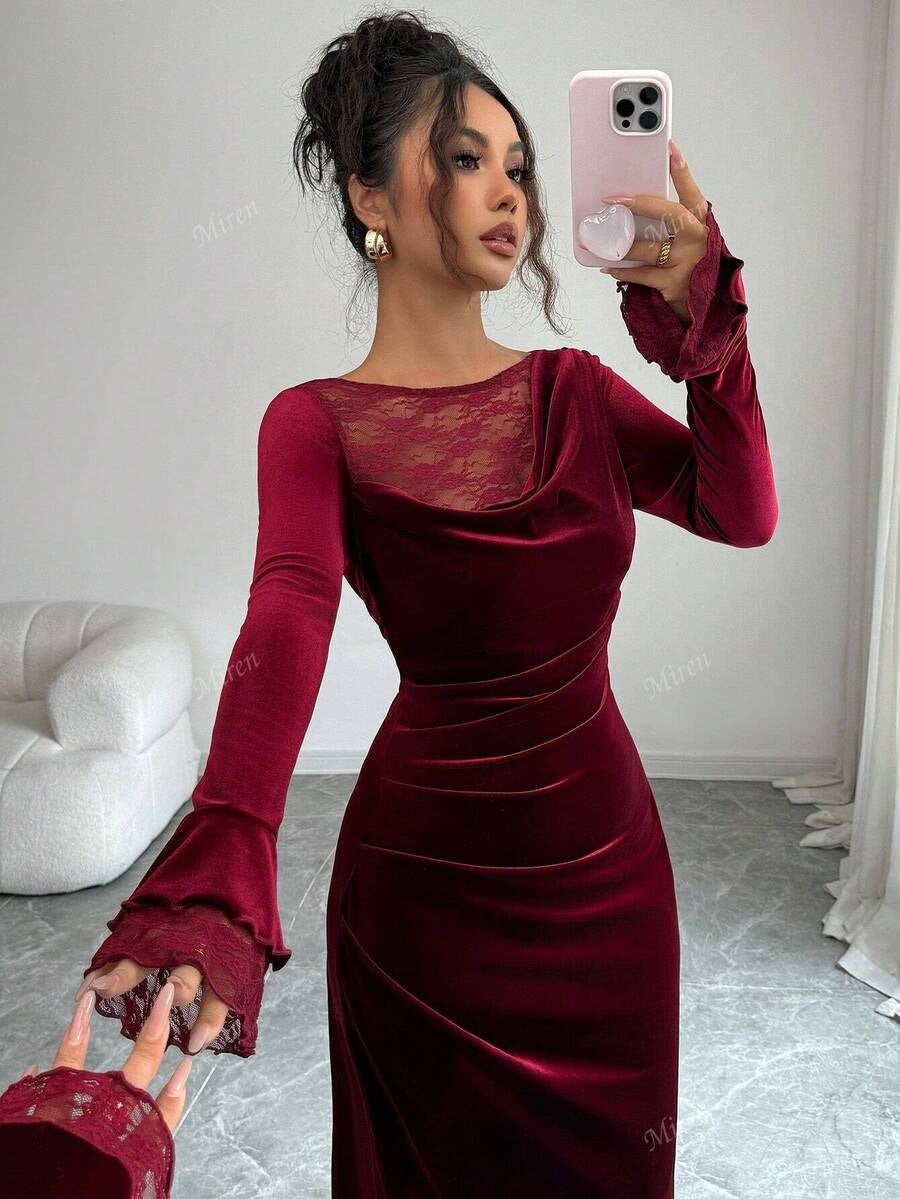 SHEIN Miren فستان مخملي طويل بلون عنابي