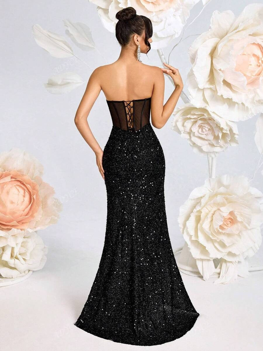 SHEIN ADYCE فستان سهرة أسود لامع أنيق وطويل