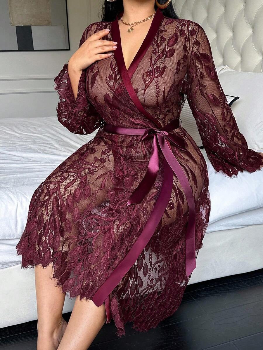 SHEIN SilkySpell رداء دانتيل شفاف طويل بلون كستنائي