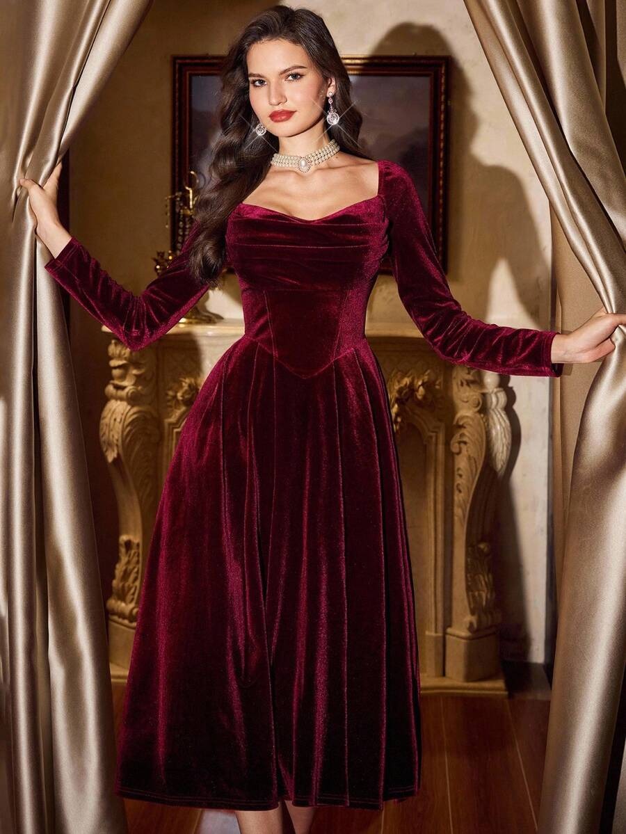 SHEIN فستان مخملي عنابي أنيق بجيوب وأكمام طويلة