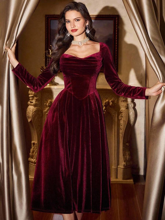 SHEIN فستان مخملي عنابي أنيق بجيوب وأكمام طويلة