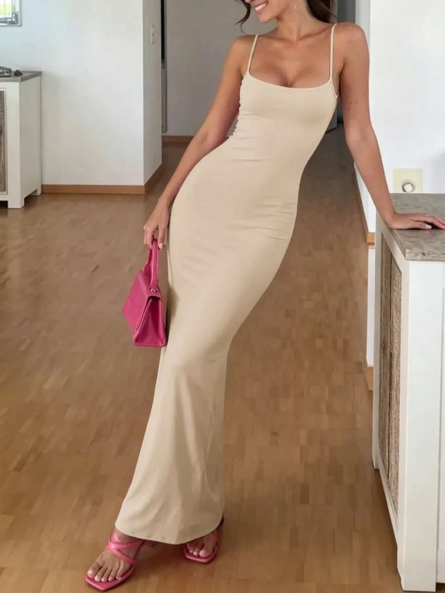 SHEIN INAWLY Solva فستان نسائي بيج بلون موحد وقصة ضيقة بحمالات رفيعة
