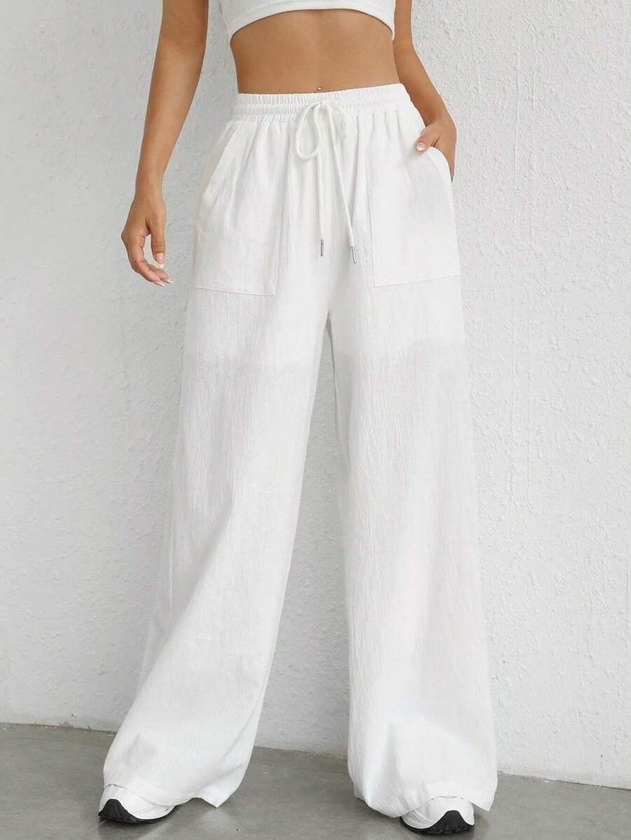 SHEIN SHEIN EZwear بنطال أبيض واسع بخصر رباط