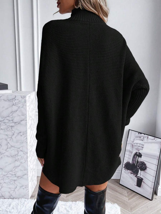 SHEIN كنزة صوفية سوداء بياقة عالية وأكمام خفاش