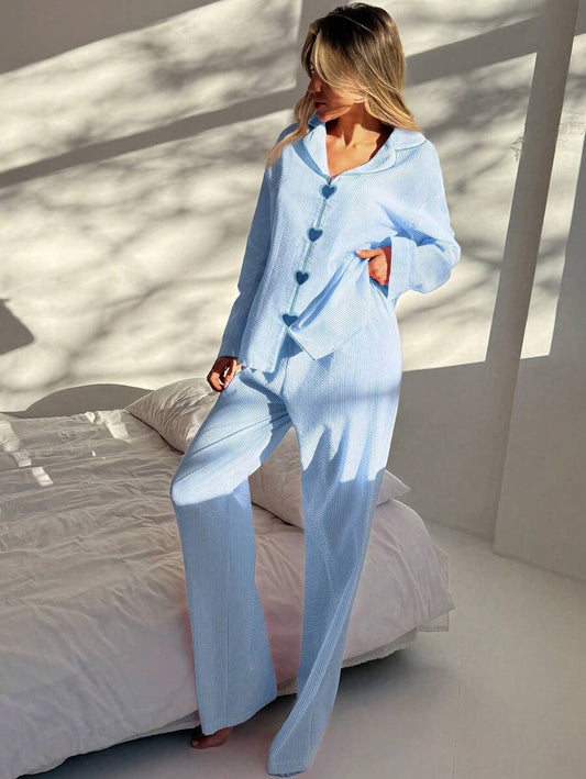 SHEIN Aloruh طقم بيجامة أنيقة بلون أزرق فاتح