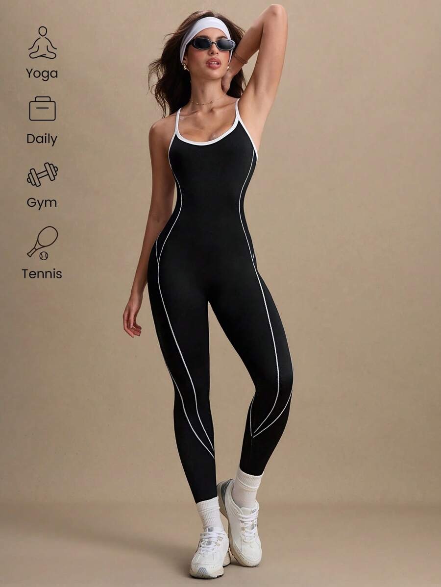 SHEIN جمبسوت رياضي موحد اللون أسود وأبيض