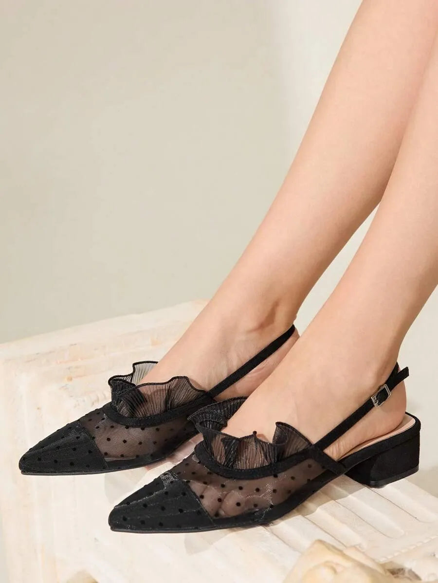 SHEIN CUCCOO CHICEST أحذية باليه نسائية سوداء شبكية بكعب منخفض