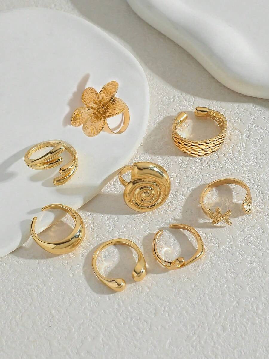 SHEIN طقم 8 خواتم ذهبي بوهيمي نجمة بحر