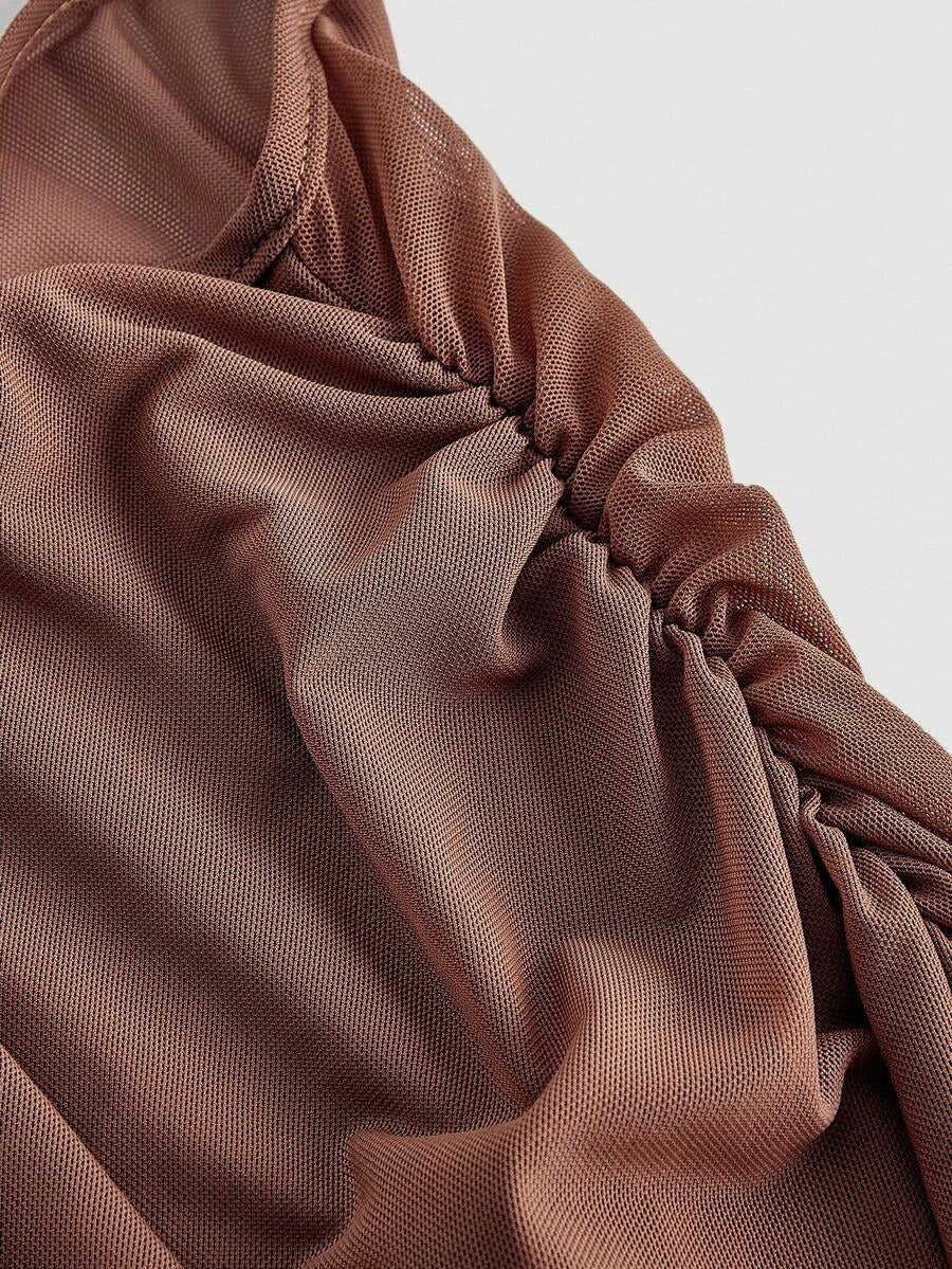 SHEIN MOD فستان أنيق شبكي طويل الأكمام على الكتفين بلون بني