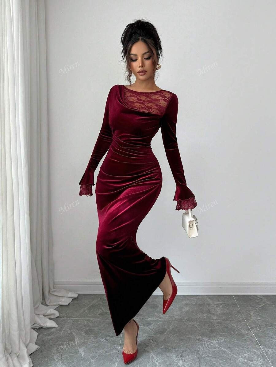 SHEIN Miren فستان مخملي طويل بلون عنابي