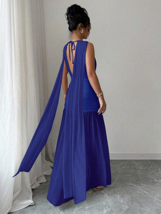 SHEIN Elenzga فستان ازرق بشق جانبي وطيات