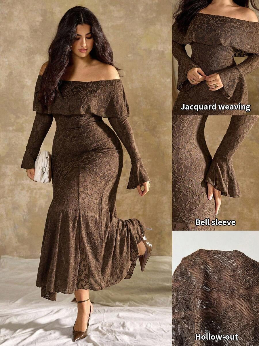 SHEIN Roveilla فستان كاجوال بني كبير الحجم بطبعة زهور وذيل سمكة