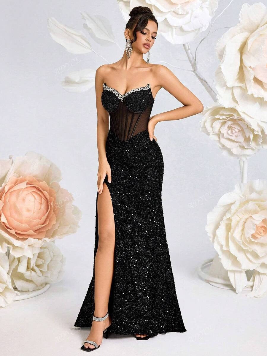 SHEIN ADYCE فستان سهرة أسود لامع أنيق وطويل