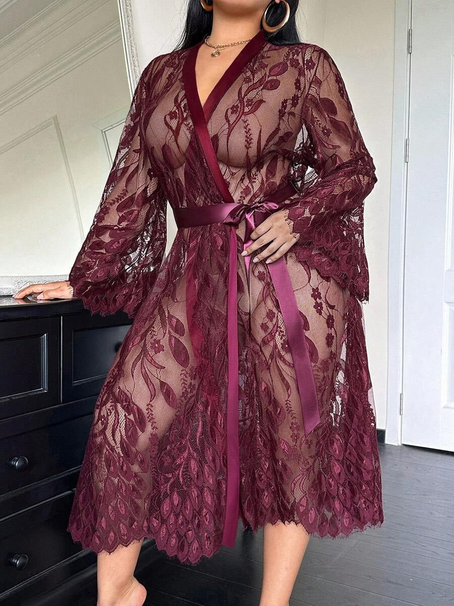 SHEIN SilkySpell رداء دانتيل شفاف طويل بلون كستنائي