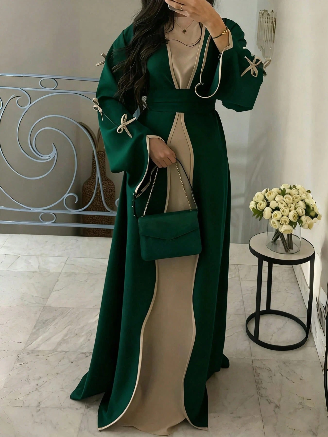 SHEIN SuofeiMan عباءة أنيقة جاكيت أخضر زيتوني مع حزام (العباءة فقط)