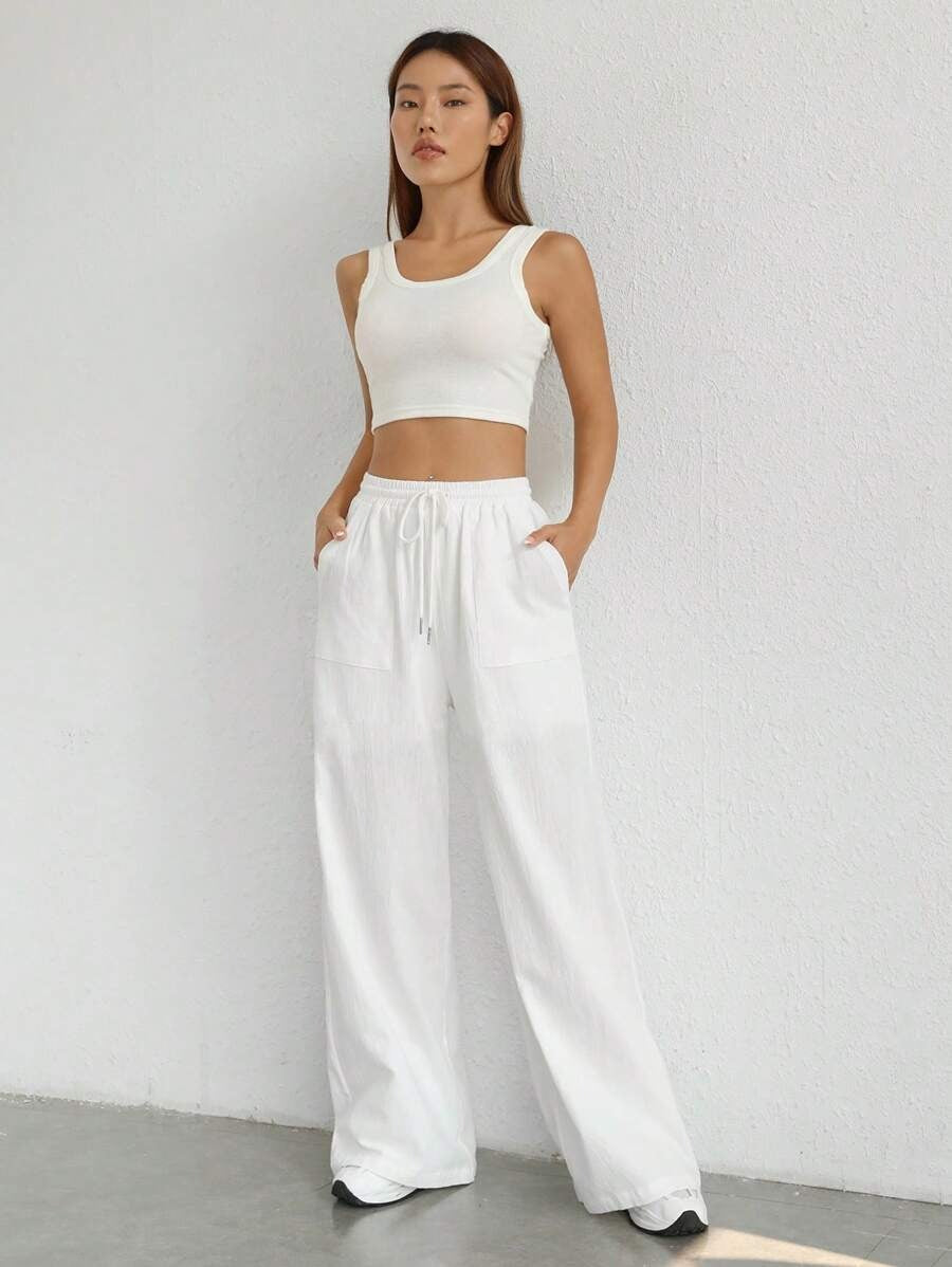 SHEIN SHEIN EZwear بنطال أبيض واسع بخصر رباط