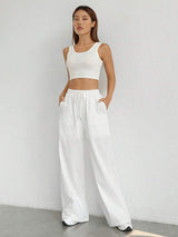 SHEIN SHEIN EZwear بنطال أبيض واسع بخصر رباط