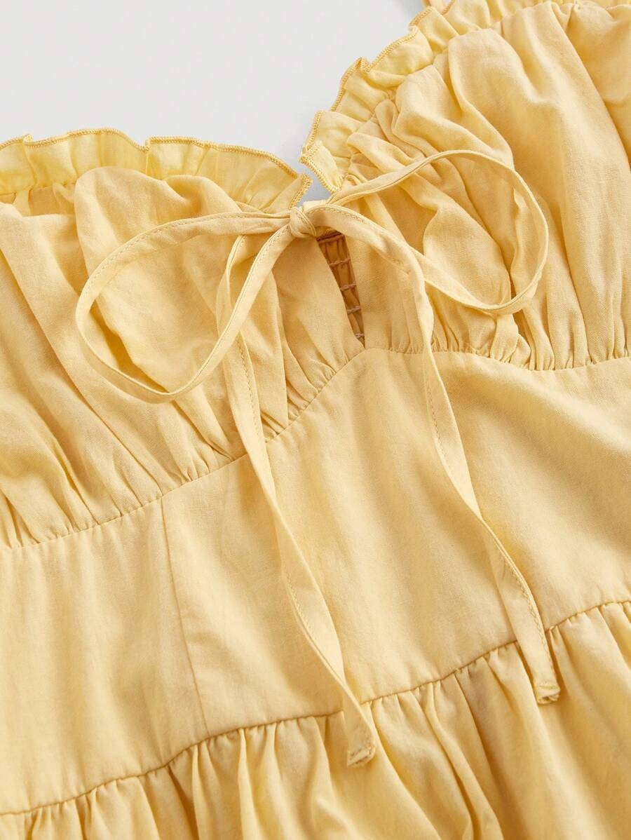 SHEIN MOD فستان اصفر كامي بحواف راهية وربطة أمامية