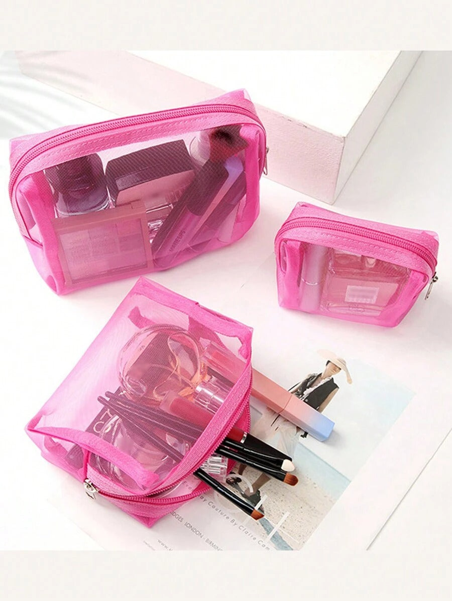 SHEIN مجموعة 3 قطع حقائب مكياج شفافة باللون الوردي