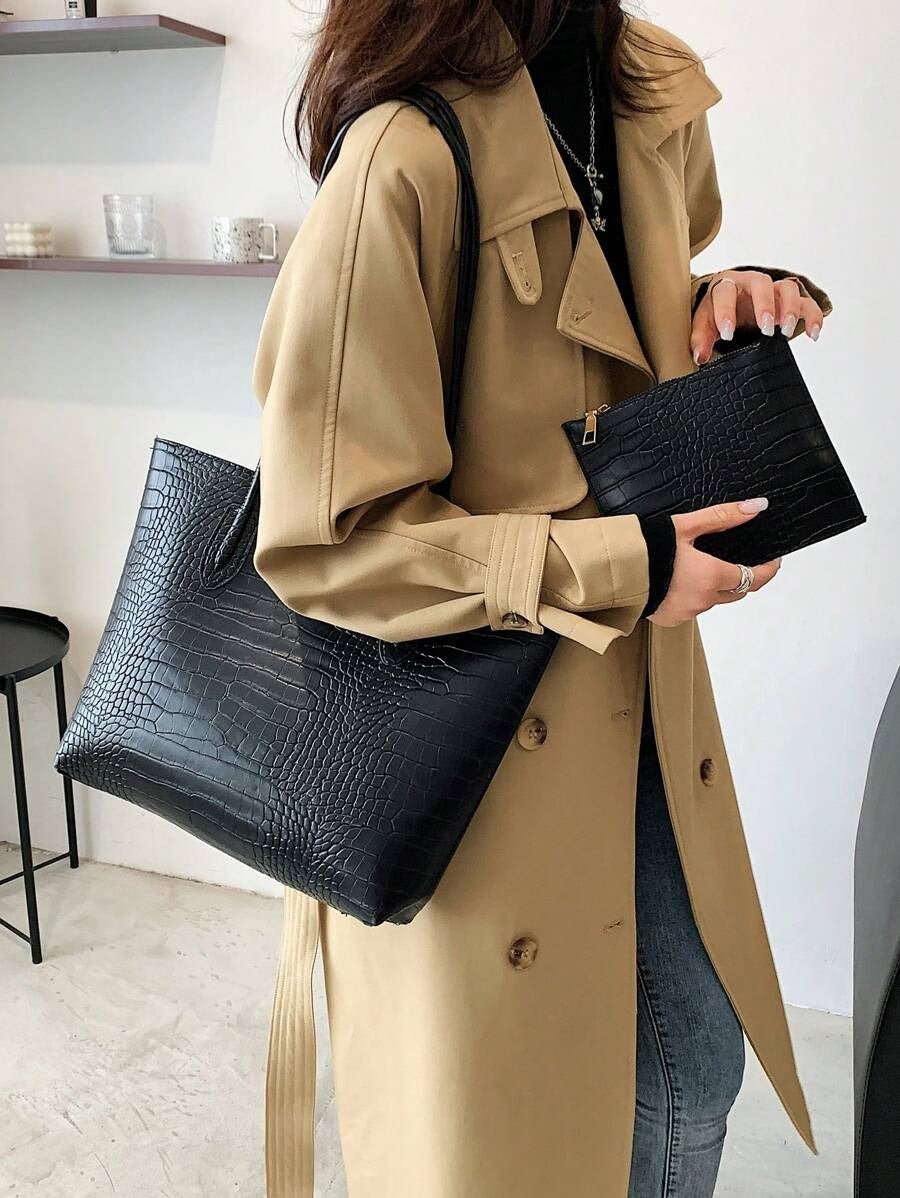 SHEIN حقيبة كتف جلدية سوداء بطبعة التماسيح