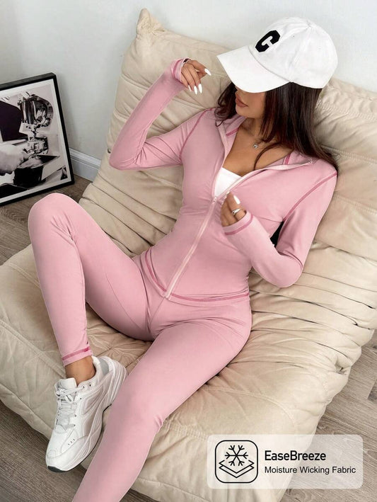 SHEIN EZwear طقم رياضي وردي جاكيت مع سروال ضيق