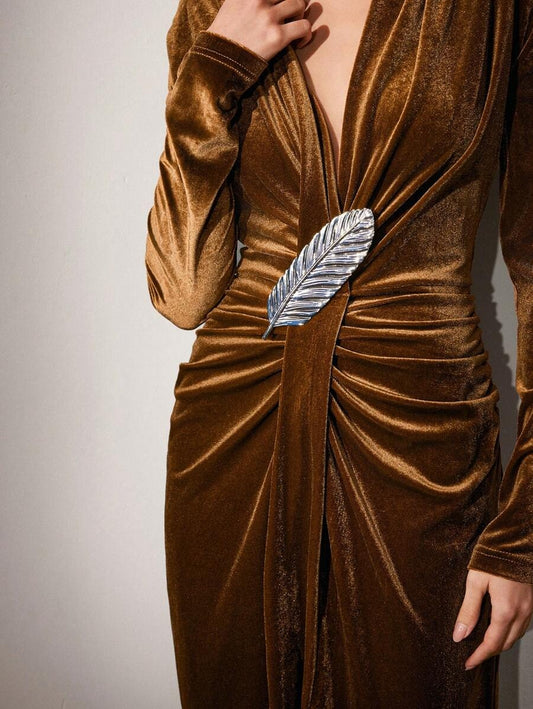 SHEIN Anewsta فستان ناعم  حريري أنيق بني
