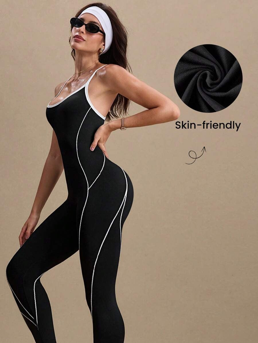 SHEIN جمبسوت رياضي موحد اللون أسود وأبيض