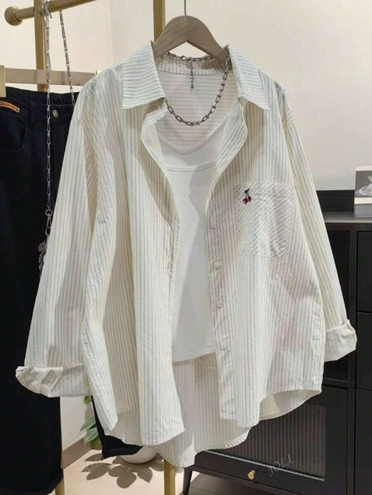 SHEIN قميص نسائي كاجوال بلون مشمشي وجيب مطرز