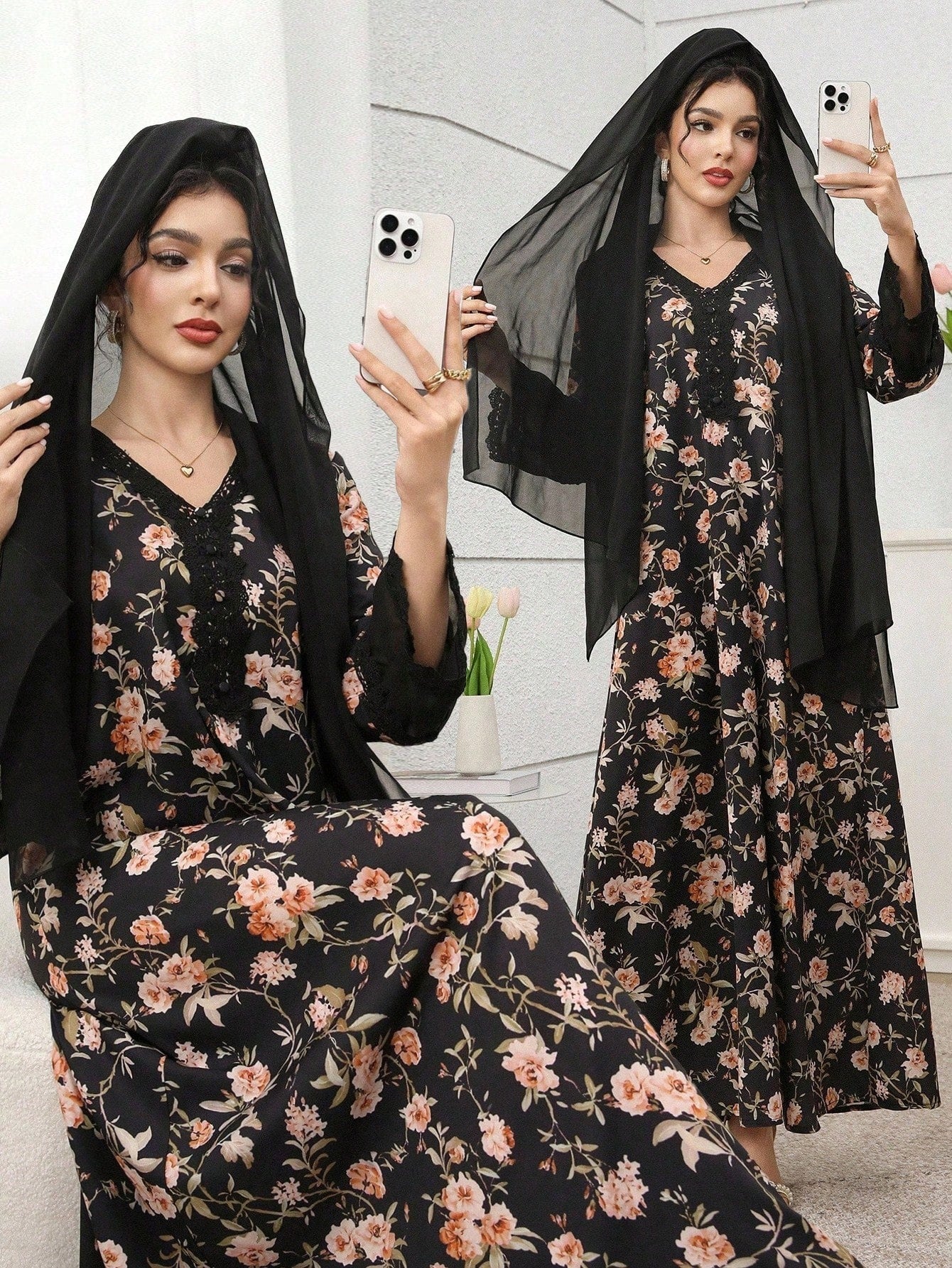 SHEIN Yasmyna فستان وردي بطبعات زهرية على الطراز العربي مع وشاح