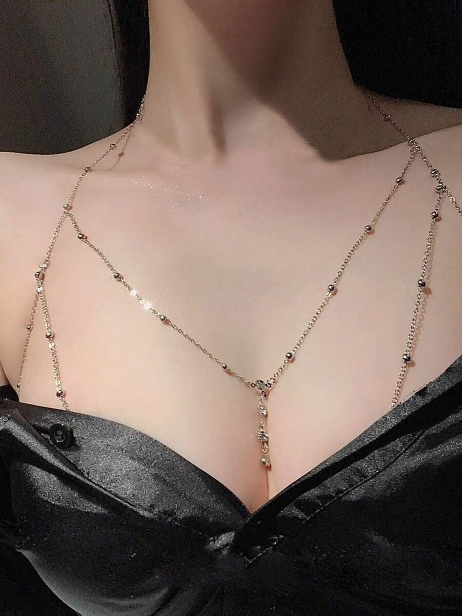 SHEIN سلسلة صدر فضية مرصعة بحجر الراين والخرز