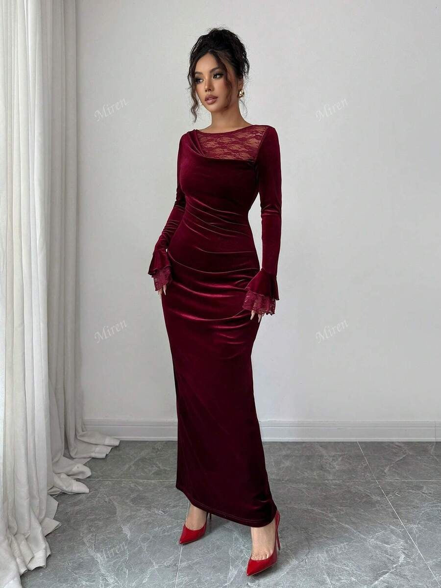 SHEIN Miren فستان مخملي طويل بلون عنابي