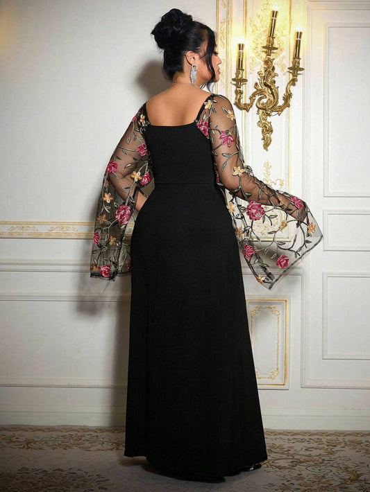 SHEIN Roveilla فستان طويل أسود مطرز بالزهور