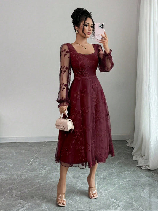SHEIN Rafferiza فستان جاكار مطرز بالدانتيل أنيق