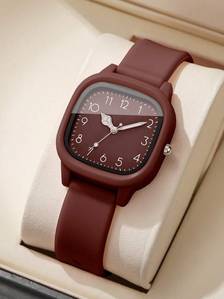 SHEIN ساعة نسائية كوارتز بسوار سيليكون وقرص مربع بسيط