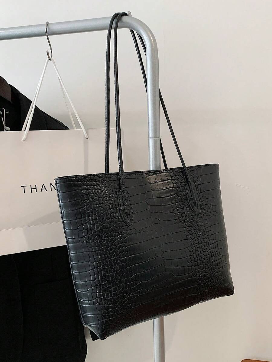 SHEIN حقيبة كتف جلدية سوداء بطبعة التماسيح