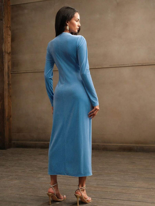 SHEIN Anewsta فستان حريري أنيق بلون أزرق