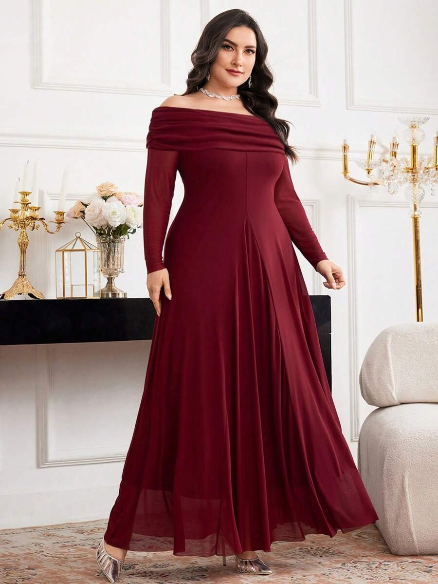 SHEIN Modelyn فستان طويل عنابي بأكتاف مكشوفة